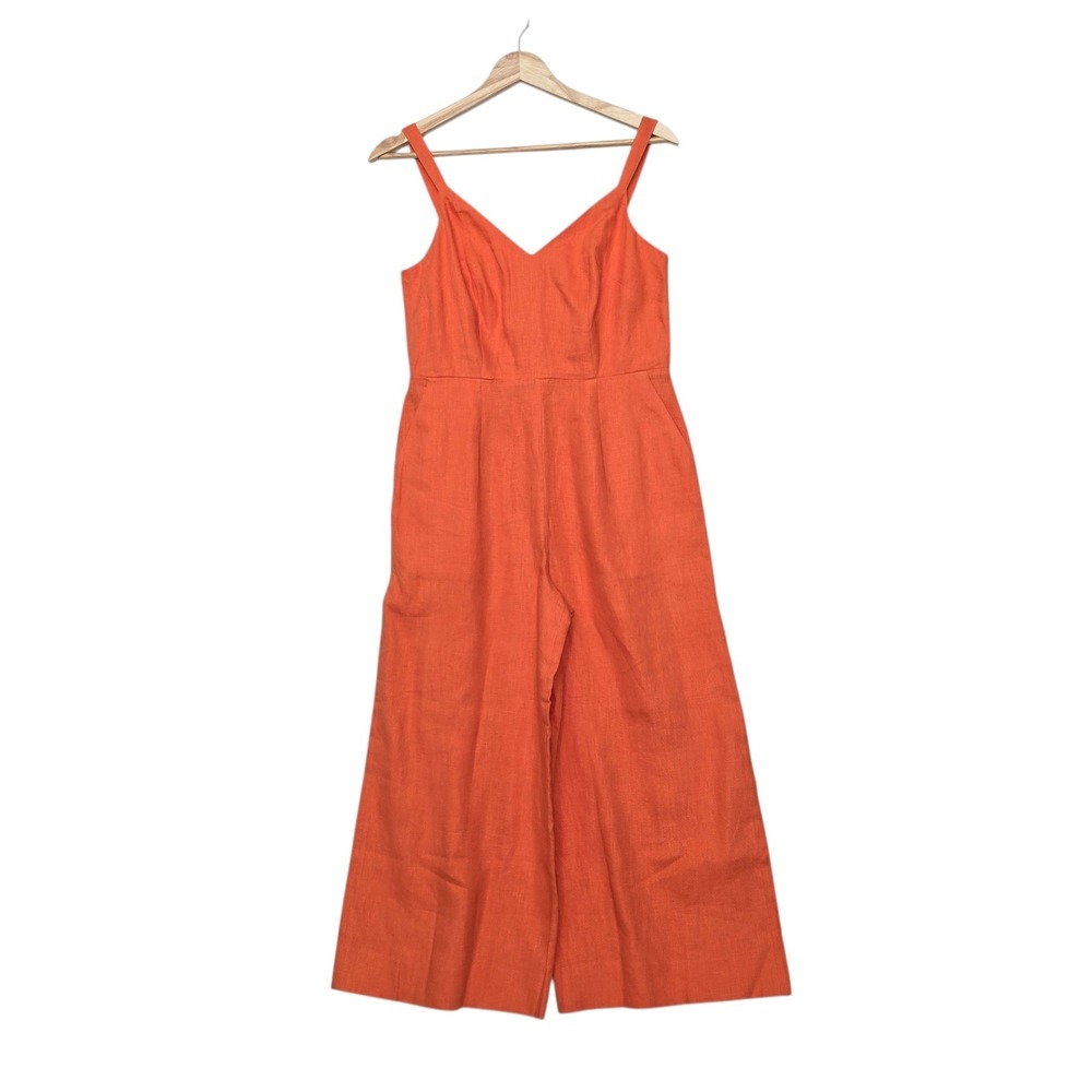 Boden Orange 100% Linen Wide Leg Cropped Jumpsuit Pockets Womens Size 4P